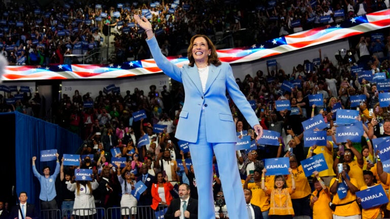 Vice President Kamala Harris waves during a campaign rally.
