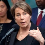 Massachusetts Gov. Maura Healey takes questions from reporters.