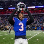 Buffalo Bills safety Damar Hamlin (3) reacts after an NFL wild-card playoff football game in Orchard Park, NY.