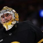 BOSTON, MASSACHUSETTS - MAY 10: Jeremy Swayman #1 of the Boston Bruins looks on during the second period against the Florida Panthers in Game Three of the Second Round of the 2024 Stanley Cup Playoffs at TD Garden on May 10, 2024 in Boston, Massachusetts.