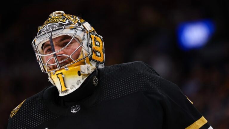 BOSTON, MASSACHUSETTS - MAY 10: Jeremy Swayman #1 of the Boston Bruins looks on during the second period against the Florida Panthers in Game Three of the Second Round of the 2024 Stanley Cup Playoffs at TD Garden on May 10, 2024 in Boston, Massachusetts.