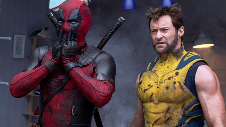 This image released by 20th Century Studios/Marvel Studios shows Ryan Reynolds as Deadpool/Wade Wilson, left, and Hugh Jackman as Wolverine/Logan in a scene from "Deadpool & Wolverine."