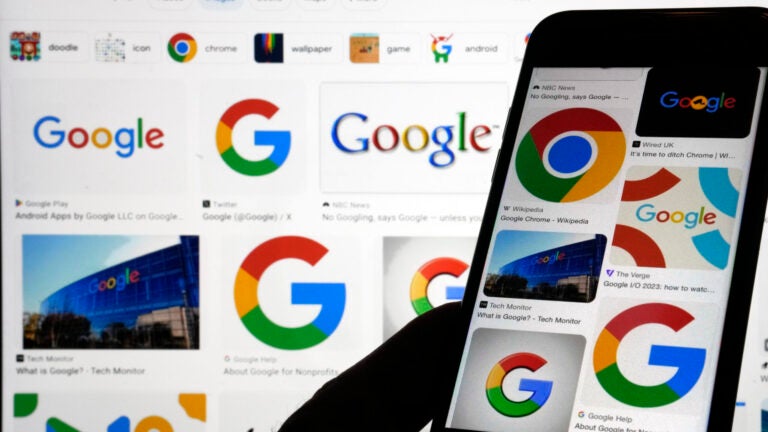 FILE - Various Google logos are displayed on a Google search, Monday, Sept. 11, 2023, in New York.