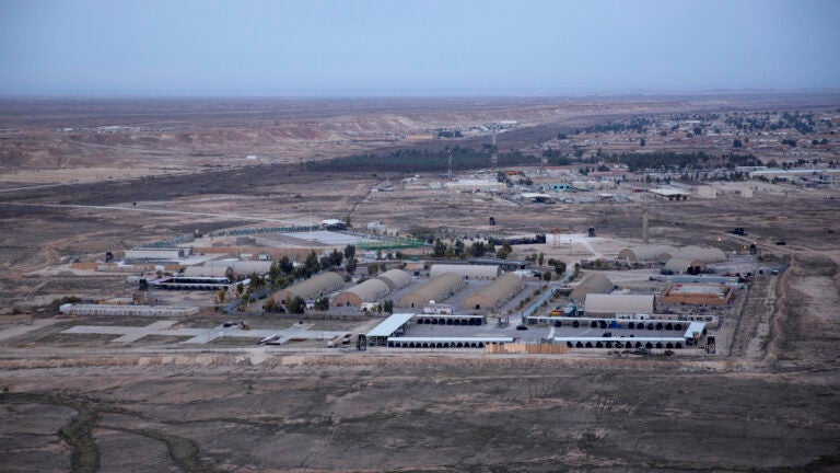 FILE - This Dec. 29, 2019, aerial file photo taken from a helicopter shows Ain al-Asad air base in the western Anbar desert, Iraq.