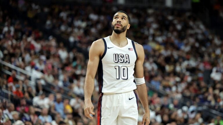 LAS VEGAS, NEVADA - JULY 10: Jayson Tatum #10 of the United States walks on the court during a break in the second half of an exhibition game against Canada ahead of the Paris Olympic Games at T-Mobile Arena on July 10, 2024 in Las Vegas, Nevada. The United States defeated Canada 86-72.