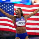 Gabrielle Thomas, of the United States, reacts after winning the women's 200-meters final at the 2024 Summer Olympics, Tuesday, Aug. 6, 2024, in Saint-Denis, France.