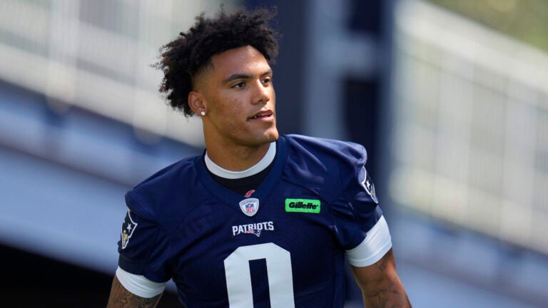 New England Patriots cornerback Christian Gonzalez (0) during an NFL football training camp, Friday, July 26, 2024, in Foxborough, Mass.