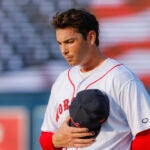 Boston Red Sox first baseman Triston Casas rehab start for the Worcester Red Sox during the playing of the National Anthem before they play the Buffalo Bison at Polar Park.